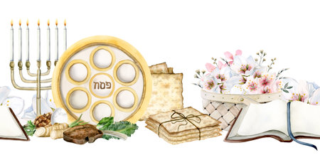 Passover horizontal seamless border with holiday symbols and spring flowers. Jewish watercolor endless banner with matzah, seder plate and Pesach Haggadah bookの写真素材