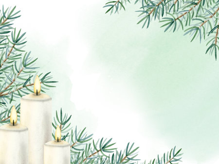 Christmas card horizontal template with white candles and fir branches on green watercolor splash background. Hand drawn illustration banner for winter holiday season and New year designsの写真素材