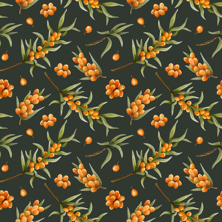 Watercolor sea buckthorn watercolor seamless pattern with branches and berries on dark dusty green. Botanical background for autumn in warm orange and green color for cosmetics or herbal productsの写真素材