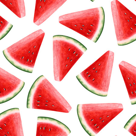 Watermelon slices watercolor seamless pattern on white background in bright red and green colors...