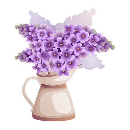 Lilac flowers bouquet in vintage beige vaseのイラスト素材