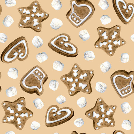 Watercolor gingerbread cookies of snowflakes, heart and mitten shape with marshmallow Christmas seamless pattern on pastel beige background for New Year festive and delicious designsの写真素材