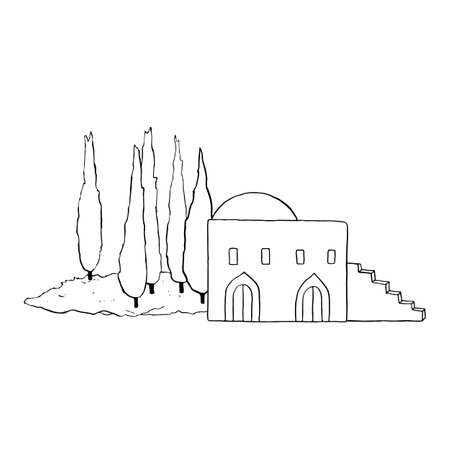 Jerusalem Bethlehem house, stairs cypress treesのイラスト素材