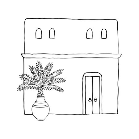 Arabic old two-storey house with palm tree line vector illustration. Simple black and white Middle East hut in Jerusalem, Jordan, Egypt, Emirates, Saudi Arabia or Morocco for Biblical scenesのイラスト素材