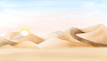 Desert dawn landscape with sand dunes and blue pink pastel sky watercolor illustration. Picturesque sunrise sketch in beige and yellow colors. Panoramic horizontal scenery.の写真素材