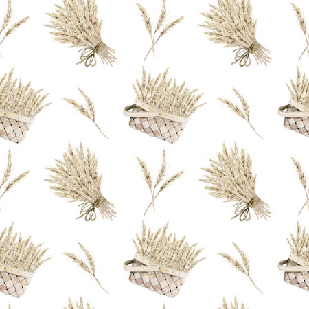 Watercolor wheat seamless pattern of ripe bouquets and harvest in wicker baskets. Field ears of grain crops repeat background on white. Hand drawn beige stalks of rye, oat or barley.の写真素材