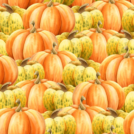Orange yellow watercolor pumpkins seamless pattern for harvest season. Hand drawn realistic fall gourds for Thanksgiving day greeting cards and local markets. Farm vegetables repeat background.の写真素材