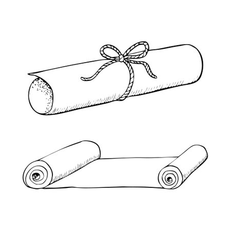 Paper scrolls line vector illustration set, rolled parchment with rope bow ink drawing. Torah manuscript for Jewish Passover, Purim. Shavuot designs in black and whiteのイラスト素材
