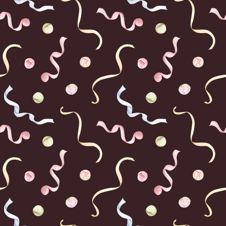Watercolor ribbons in pastel pink, blue yellow with flower buds seamless pattern on dark brown. Sewing girl accessoriesの写真素材