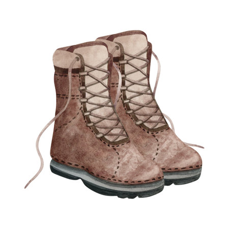 Brown tactical army boots hand drawn watercolor illustration isolated on white for military, combat or camping and hiking designs. Footwear and infantry shoesの写真素材
