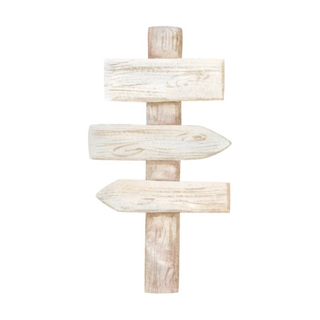 Wooden direction sign watercolor illustration isolated on white background. Cute arrow pathfinding borders in simple style. Rustic natural pointersの写真素材