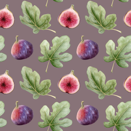 Colorful figs with green leaves watercolor seamless pattern on dust pink. Purple red summer fruits repeat background in realistic botanical style. Hand drawn autumn harvest illustrationの写真素材