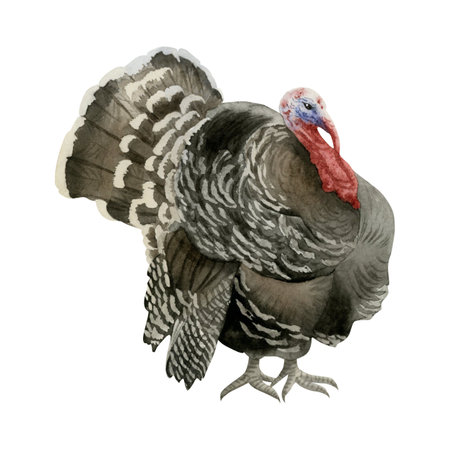 Black brown turkey watercolor illustration isolated on white background. Realistic farm bird for Thanksgiving and fall designs. North American farm animal clipart, domestic male fowlの写真素材