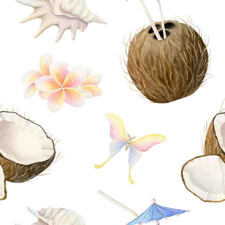 Summer tropical seamless pattern with coconut cocktail, plumeria flowers, butterflies and seashells. Watercolor repeat background on white. Healthy fruit drink for vacation designs and beach cafeの写真素材