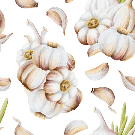 Watercolor seamless pattern with garlic, leaves and cloves on white with dry and raw bulbs and plant stem. Hand drawn botanical vegetable repeat background for folk medicine food designsの写真素材