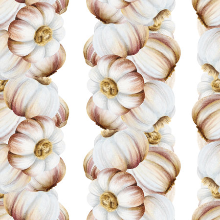 Watercolor garlic string bulbs seamless pattern on white. Hand drawn realistic Italian vegetables repeat background for spice recipes, traditional medicine and food cooking designsの写真素材