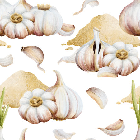 Garlic powder with whole vegetables and with cloves watercolor seamless pattern on white. Pile of dry spice for cooking and traditional medicine recipes. Minced seasoning for culinary designsの写真素材