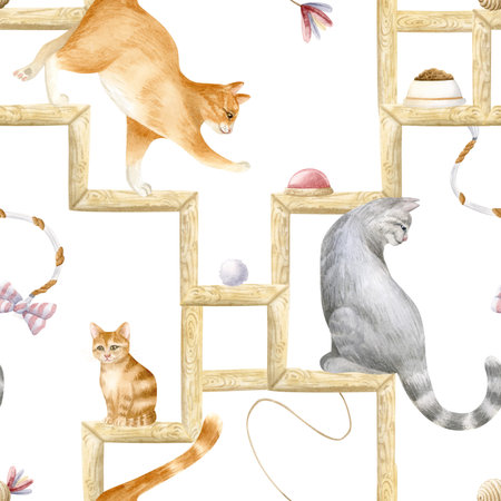 Watercolor cats climbing and playing on wooden stairs seamless pattern on white. Orange and gray funny pets with toys. Domestic animal repeat background for pet stores, shelters and rescue centersの写真素材
