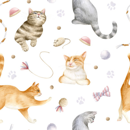 Cute watercolor cats with toys and talking buttons seamless pattern on white. Orange, brown and gray funny pets with toys. Domestic animal repeat background for pet stores, shelters and rescue centersの写真素材