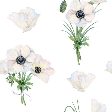 White flowers bouquet watercolor seamless pattern for spring weddings. Botanical floral hand drawn repeat background with field anemones poppies for delicate fabricsの写真素材