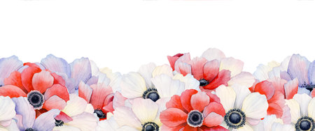 Field poppies blossom watercolor seamless border. White, red and pastel purple anemone flowers repeat bottom banner. Botanical floral hand drawn horizontal design with wildflowersの写真素材