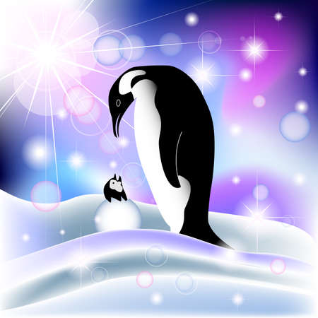 Parent and baby penguin in snowy background with aurora borealisのイラスト素材