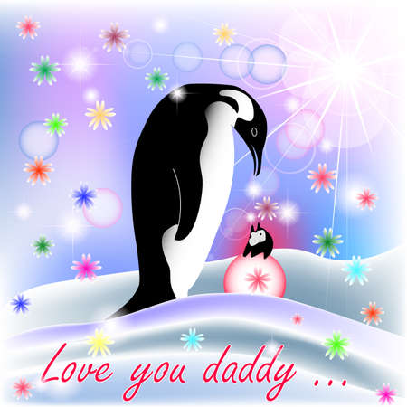 Dad and baby GIRL penguin with polar background and spring flowersのイラスト素材