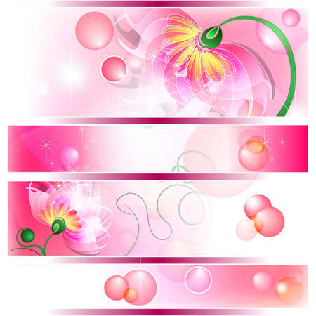 4 Banner with pink fairy flowers, bubbles and shiningsのイラスト素材