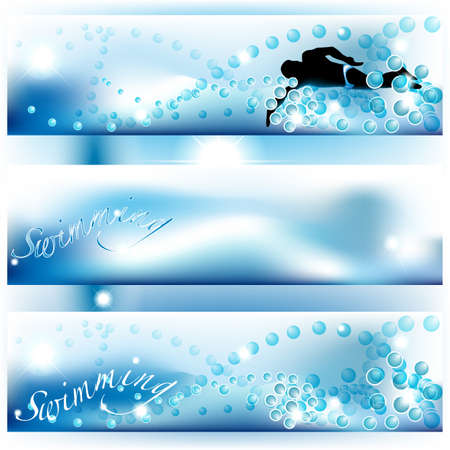 Set of 3 swimming banners with bubbles and waterのイラスト素材