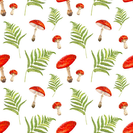 Watercolor Mushrooms Seamless Pattern. Design Element for Gift Wrapping Paper, Greetingの写真素材