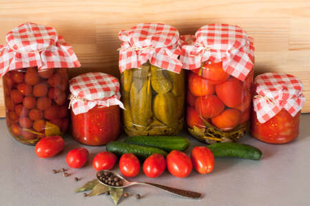 Homemade Canned, Fresh Vegetables And Spice On Table, Top View.の写真素材