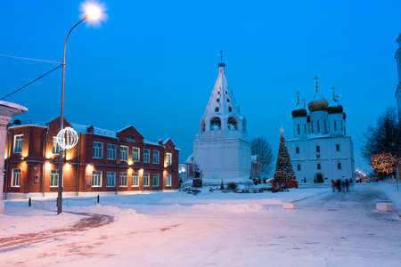 Kolomna, Moscow Region, Russia. School, Cathedral Bell Tower And Assumption Cathedral In Cathedral Square Kolomna Kremlin. Inscription On Brick Facade - School.の写真素材