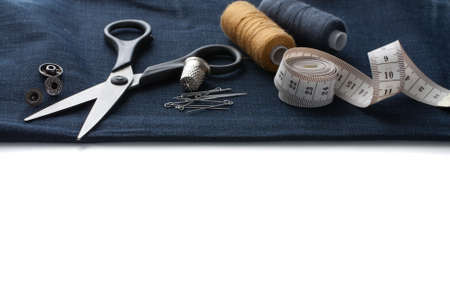 Sewing Tools With Black Cloth On White Background Space For Text.の写真素材