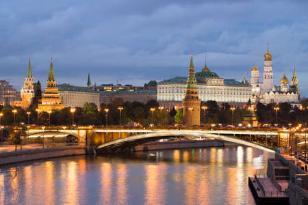 Moscow, Russia. Beautiful View Of Moscow Kremlin, Big Stone Bridge By Moscow River On Background Of Blue Hour With Clouds At Evening.の写真素材