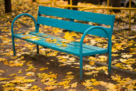 Autumn. Obsolete Wooden Bench Painted In Blue Color With Fallen Yellow Leaves In Autumn Park...