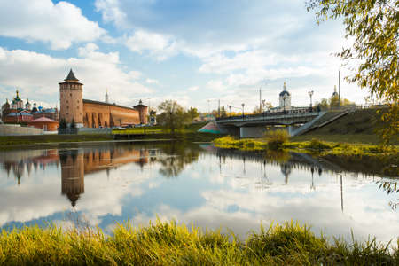 Kolomna, Moscow Region. Beautiful General View Of Sights: Assumption Brusensky Female Monastery, Marinkin Tower Of Kremlin And Church Of Michael Archangel By River Kolomenka In Autumn Sunny Day.の写真素材