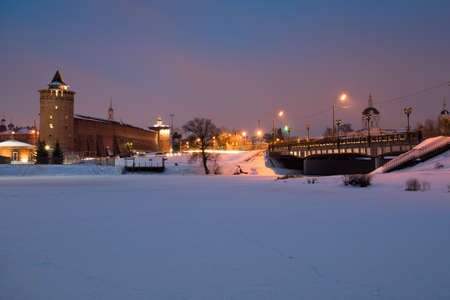 Beautiful View Landmark: Marinkin Tower Of Kremlin With Bridge And With Illumination From Lamp On Blue Sky With Clouds At Winter Evening In Kolomna, Moscow Region.の写真素材