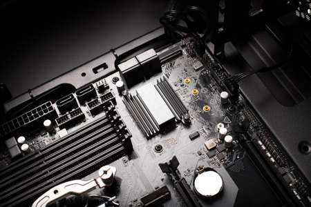 Motherboard Of Modern Technology Desktop Computer In Black Unit Close Up And Top View.の写真素材