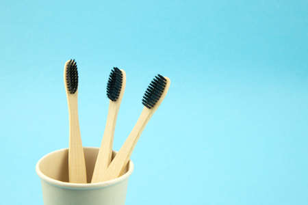Bamboo non-waste ecological brushes with natural bristles in an eco-friendly cup. Blue background. Oral care Copy spaceの写真素材