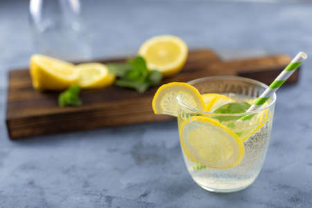 A refreshing, summer drink with lemon and ice. Lemonade with an eco straw. Relaxing non-alcoholic or...