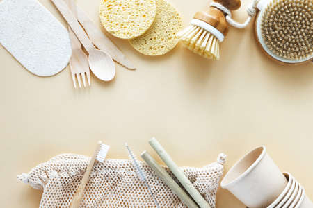 Eco-friendly biodegradable disposable cutlery, cups, sponge, cotton string bag and dishwashing brush...