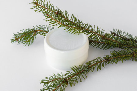 Organic cosmetics. White jar with cream or lotion next to green branches of spruce, pine, fir. Mock ap. Bio natural body and face careの写真素材