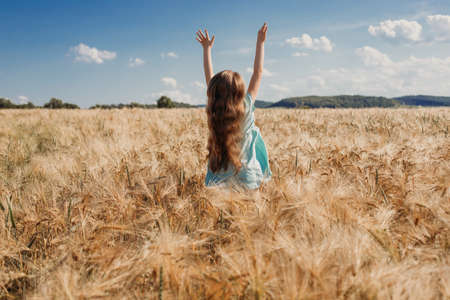 A girl makes a gesture of joy in a field with spikelets. Freedom and happiness in natureの写真素材