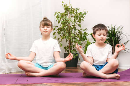Boy and girl doing yoga for children at home. Fitness and relaxation for childrenの写真素材