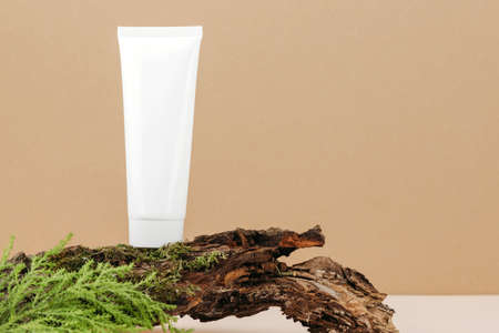 Natural natural cosmetics. A tube of cream or lotion sits on a piece of wood. Facial and body care products. Copy spaceの写真素材