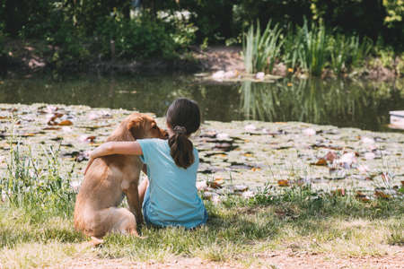 Friendship of animals and children, people. Caucasian girl sits on the bank of a pond, river and hugs a labrador puppy. Summer outdoor recreationの写真素材