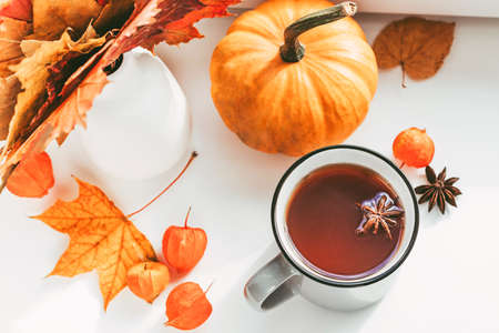 Cozy autumn decoration on the window in the style of hygge