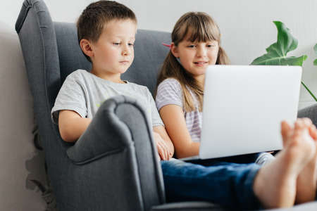 A schoolgirl with her brother are watching studying on a laptop while sitting in an armchair. Children are learning remotely online. Use of technology in the modern world.の写真素材