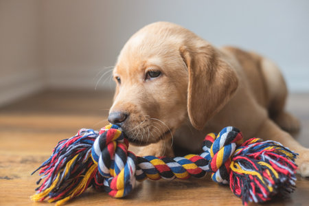 A cute labrador puppy lies on the floor at home and plays with a colorful rope toy. New family member. Animal care and care conceptの写真素材