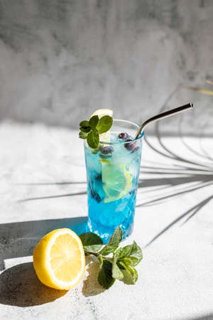Refreshing blue curacao cocktail garnished with mint and a slice of lemon. Colorful summer drinks...